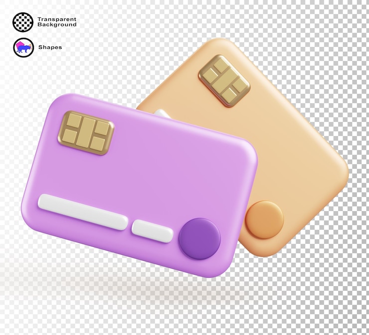 PSD modello di carta di credito 3d, icona di rendering cartone animato, carte di debito bancarie in plastica dorata e viola con chip per denaro, trasferimento di pagamenti finanziari e acquisti online isolati su sfondo bianco
