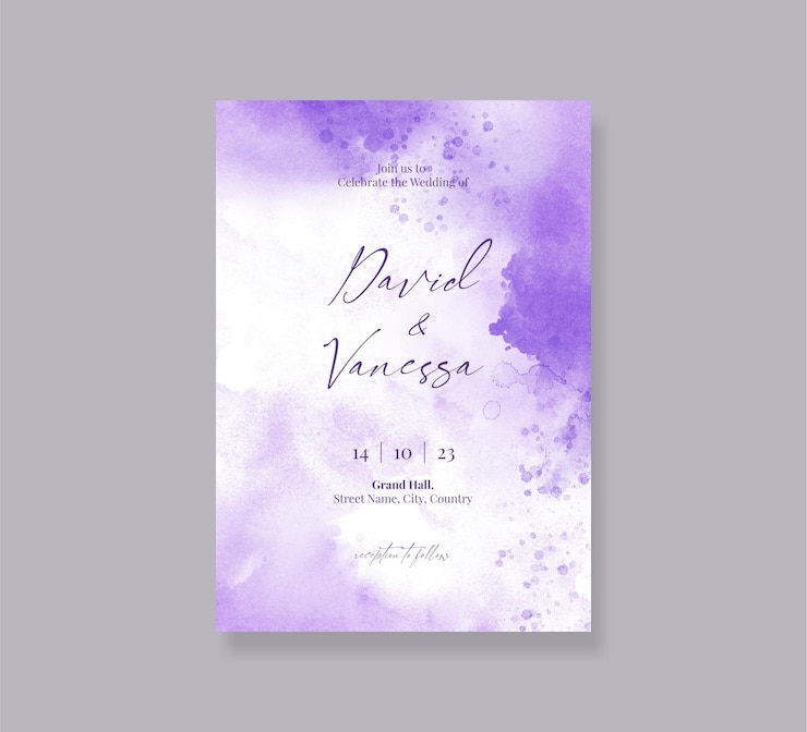 PSD modello di carta di invito matrimonio viola pastello modificabile