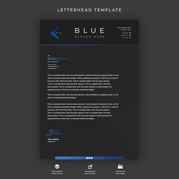 Modello di carta intestata con colore scuro e blu Psd Premium