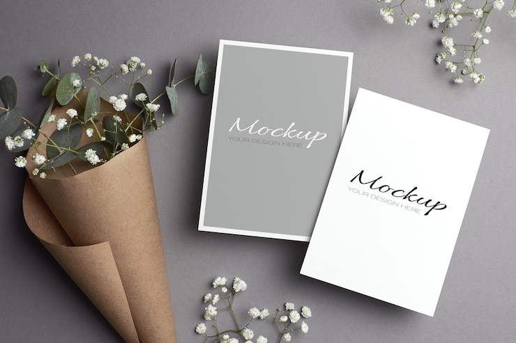 Modello di carta stazionaria invito a nozze con fiori, lati anteriore e posteriore