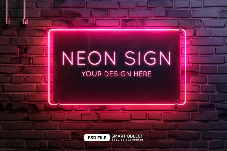 PSD modello di cartello al neon sulla parete di mattoni