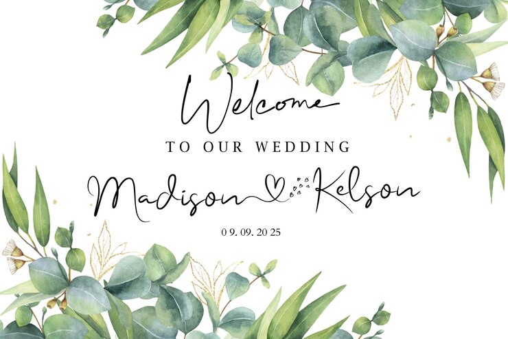 PSD modello di cartello di benvenuto per matrimonio boho verde benvenuti al nostro cartello di nozze eucalyptus stampabile weddi