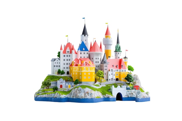 Modello di castello in miniatura colorato con torri e case per Fantasy Architecture and Toy Design Co