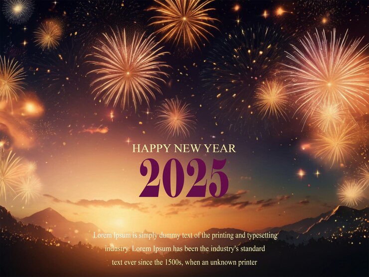 Modello di celebrazione del Capodanno 2025 con una splendida alba in montagna