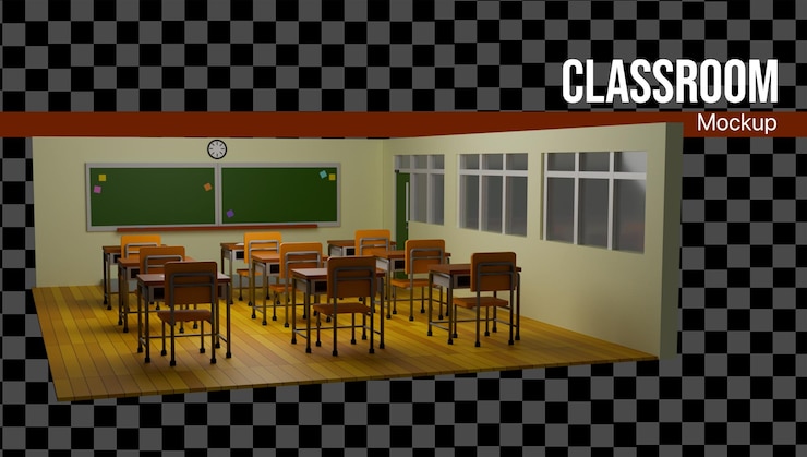 PSD modello di classe 3d per la scuola con scena in camera buia