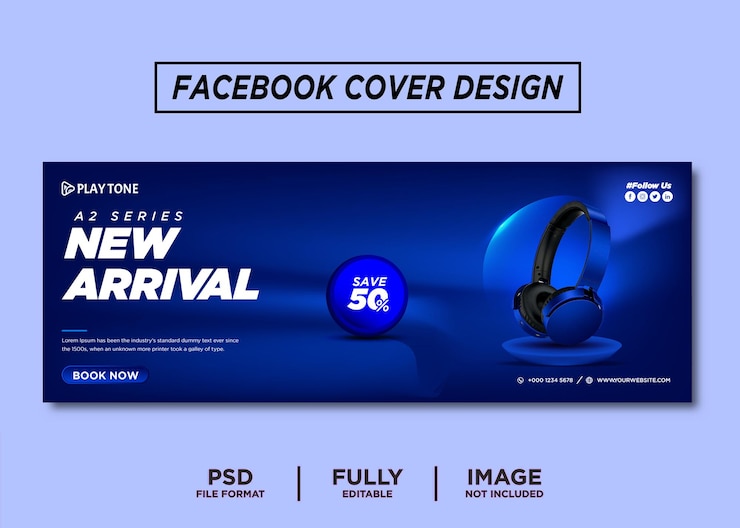 Modello di copertina di Facebook di marca di cuffie di colore blu