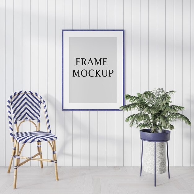 Modello di cornice blu rendering 3d in una stanza luminosa