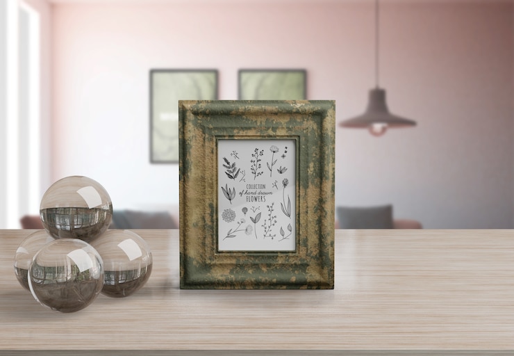 PSD modello di cornice decorativa sul tavolo a casa