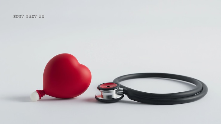 PSD modello di cuore rosso e stetoscopio nero su sfondo bianco