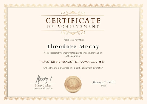Modello di diploma di istruzione vintage PSD progetto di certificato professionale in beige