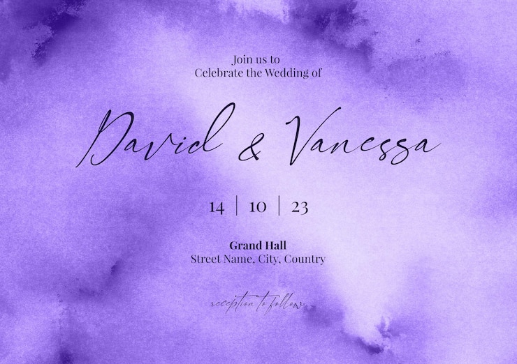 PSD modello di disegno della carta dell'invito di nozze viola dell'acquerello