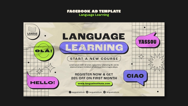 Modello di facebook per l'apprendimento delle lingue dal design piatto