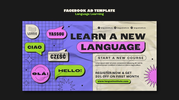 Modello di facebook per l'apprendimento delle lingue dal design piatto