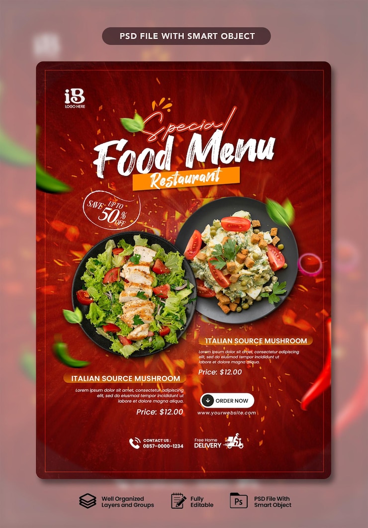 PSD modello di formato verticale del menu digitale del ristorante
