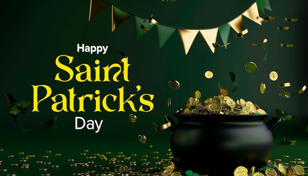 Modello di Happy saint patricks day con design di pentole nere e monete d'oro per i social media