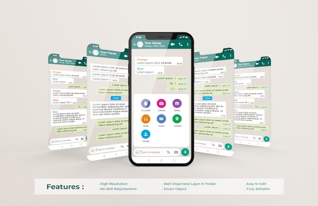 Modello di interfaccia Whatsapp sul telefono cellulare e mockup di presentazione dell'app ui ux