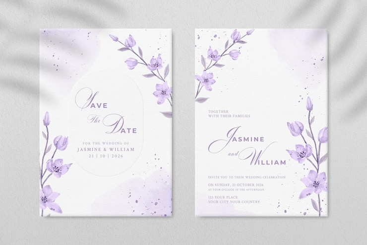 PSD modello di invito a nozze a doppia faccia con fiore viola psd premium