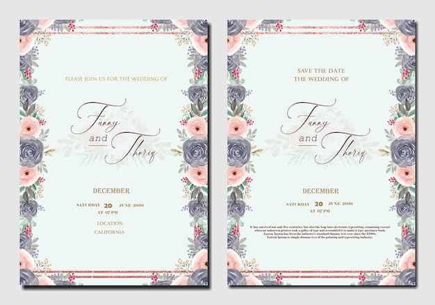 Modello di invito a nozze ad acquerello vintage con fiore marrone psd premium Psd premium