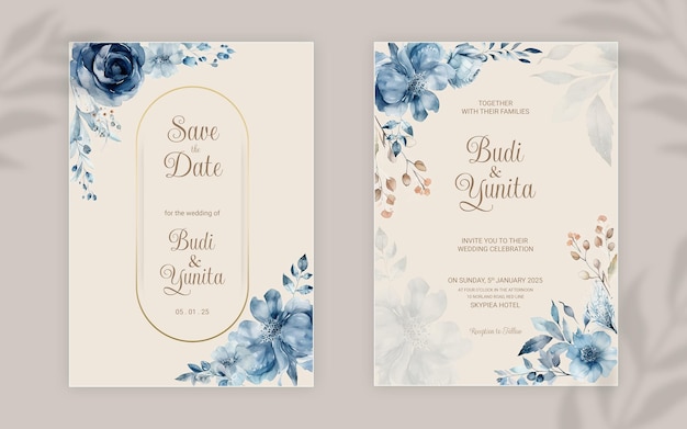 Modello di invito a nozze double face PSD con eleganti rose blu polverose acquerellate