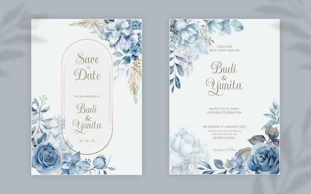 Modello di invito a nozze double face PSD con eleganti rose blu polverose acquerellate