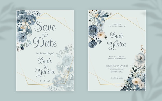 Modello di invito a nozze double face PSD con eleganti rose blu polverose acquerellate