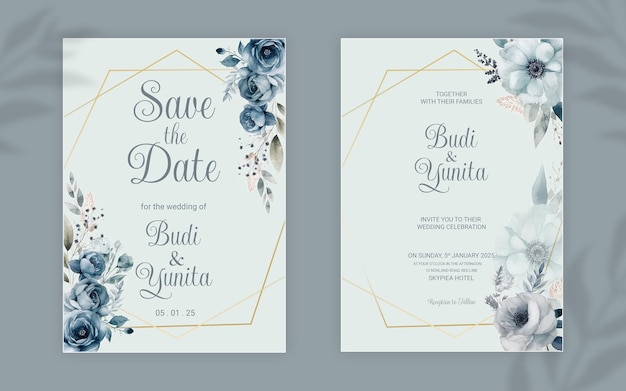 Modello di invito a nozze double face PSD con eleganti rose blu polverose acquerellate