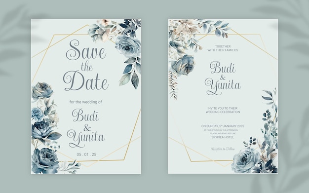 Modello di invito a nozze double face PSD con eleganti rose blu polverose acquerellate