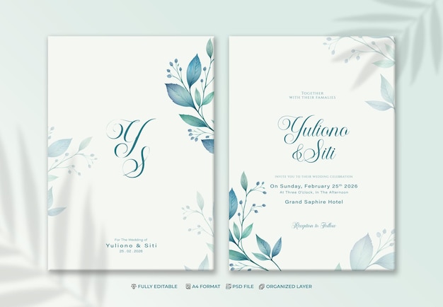 modello di invito a nozze elegante psd con fiore ad acquerello
