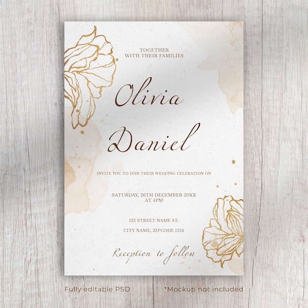 Modello di invito al matrimonio floreale con fiori lineari a inchiostro dorato e spruzzi di acquerello sullo sfondo