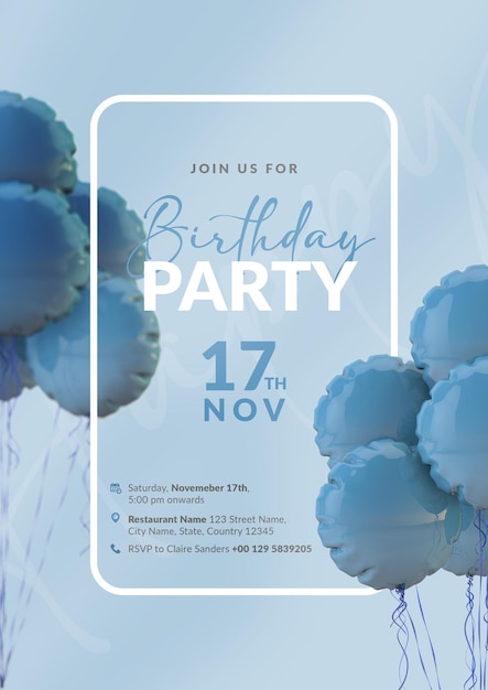 Modello di invito di compleanno con palloncini blu
