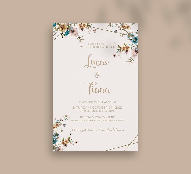 Modello di invito matrimonio vintage con fiore rosa blu e arancione