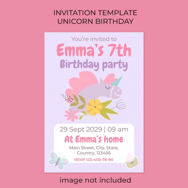Modello di invito per la festa di compleanno dell'unicorno