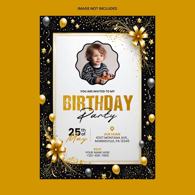 PSD modello di invito per la festa di compleanno dorato e nero con foto