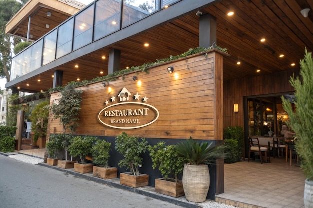 Modello di logo 3D di facciata in legno per ristorante