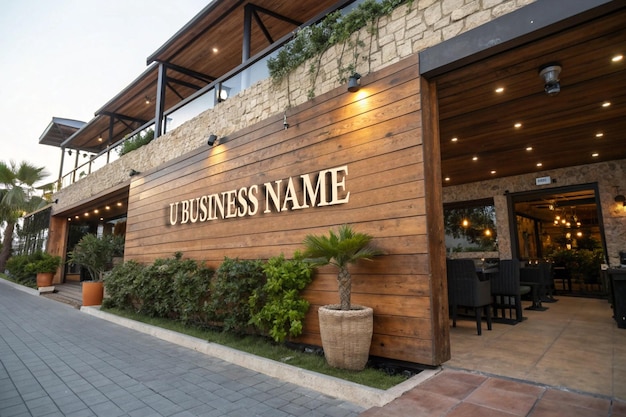 Modello di logo 3D di facciata in legno per ristorante