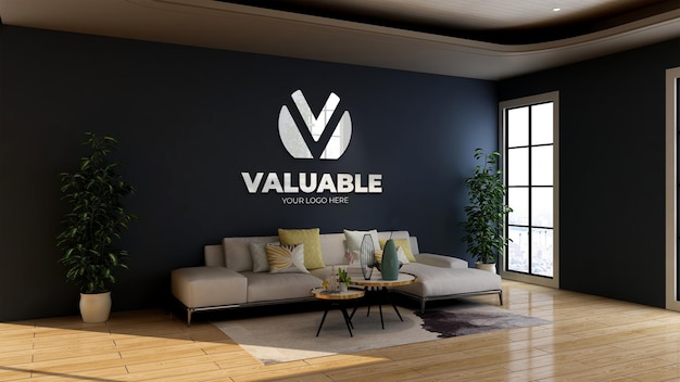 Modello di logo 3d nella sala d'attesa dell'ingresso aziendale dell'ufficio