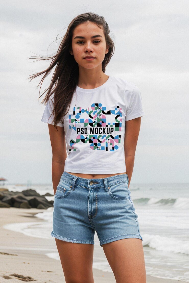 Modello di maglietta con merchandising estetico unisex visualizzato su un modello di vetrina per magliette