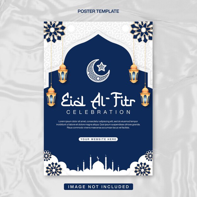 Modello di manifesto per la celebrazione dell'Eid AlFitr in blu e bianco con sfondo islamico