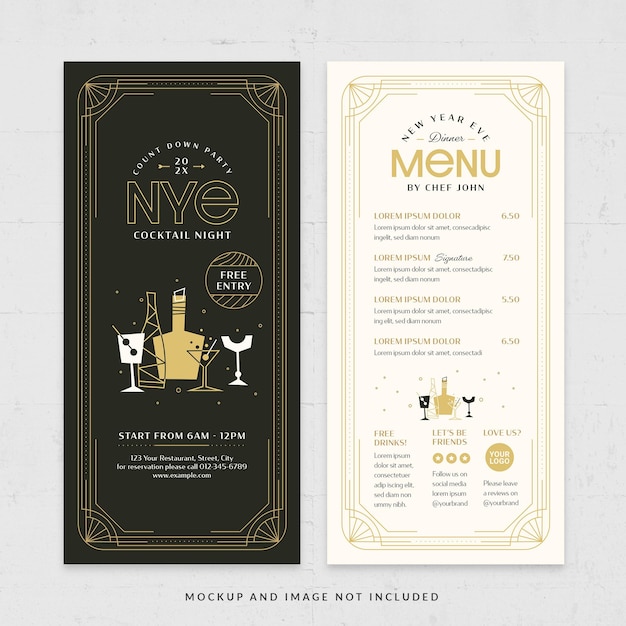 Modello di menu per la serata cocktail di Capodanno di Capodanno per eventi da bar in PSD V1