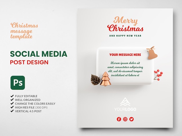 Modello di messaggio di Natale con ornamenti festivi su sfondo bianco per post di feed sui social media