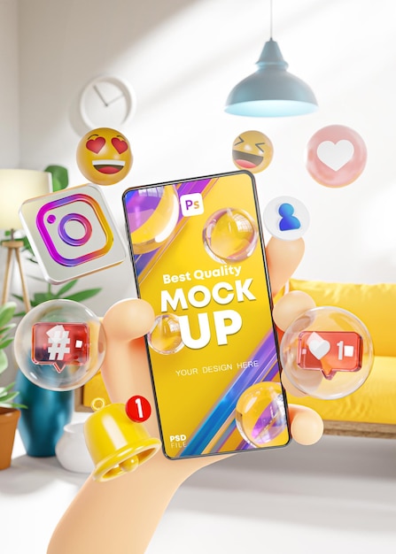 Modello di mockup dello schermo Mano carina che tiene Smart Phone Icone di Instagram in soggiorno Concetto di vita moderna futura Rendering 3D