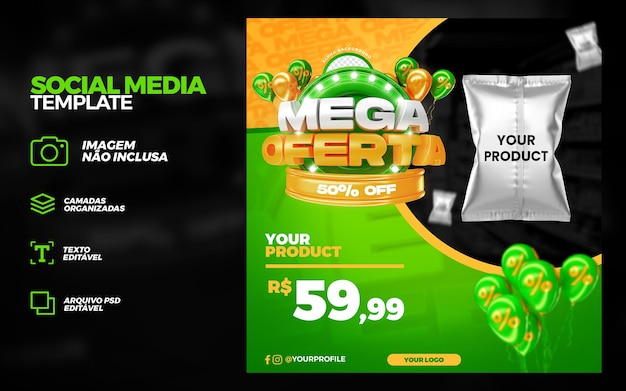 Modello di mockup di post sui social media per la promozione di mega offerte verdi