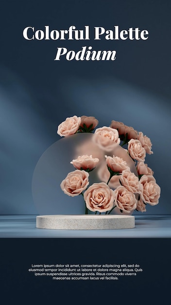 Modello di mockup di rendering 3d bouquet di rose rosa e podio terrazzo nell'immagine del layout verticale