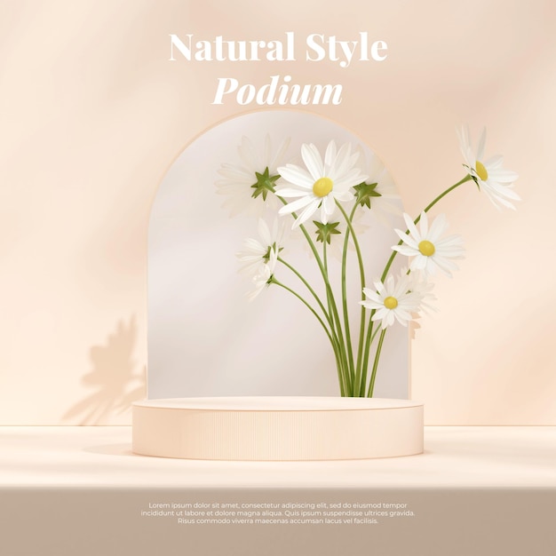 Modello di mockup di rendering 3d di podio marrone chiaro in piazza con fiori di margherita bianca