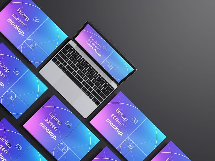 PSD modello di mockup di schermi di laptop macbook realistico vista dall'alto
