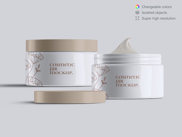 Modello di mockup di vasetti di crema per il viso cosmetici di plastica aperti e chiusi vista frontale realistico