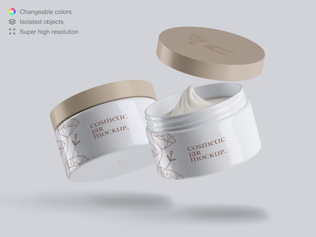 Modello di modello realistico mockup di due vasetti di crema cosmetica di plastica galleggiante realistica