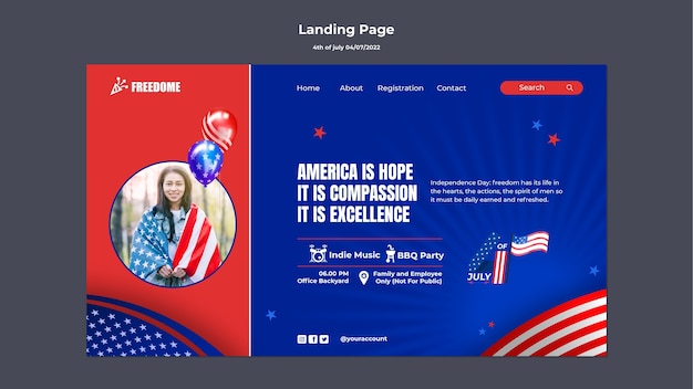 Modello di pagina di destinazione del 4 luglio con bandiera americana