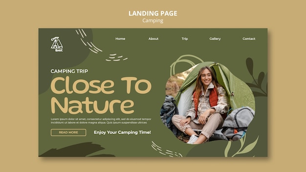 Modello di pagina di destinazione del campeggio con vegetazione