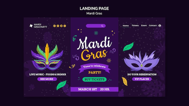 Modello di pagina di destinazione del carnevale di martedì grasso